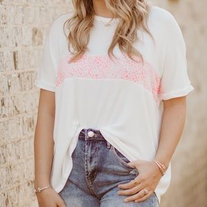 Loose Waffle Knit Top w/ Pink Leopard Detail